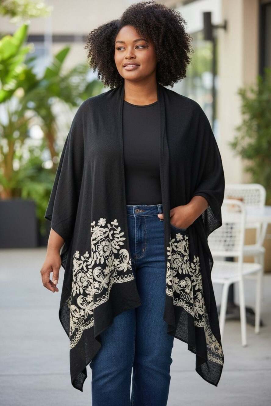 ChicSoul Black Poncho with White Floral Embroidery